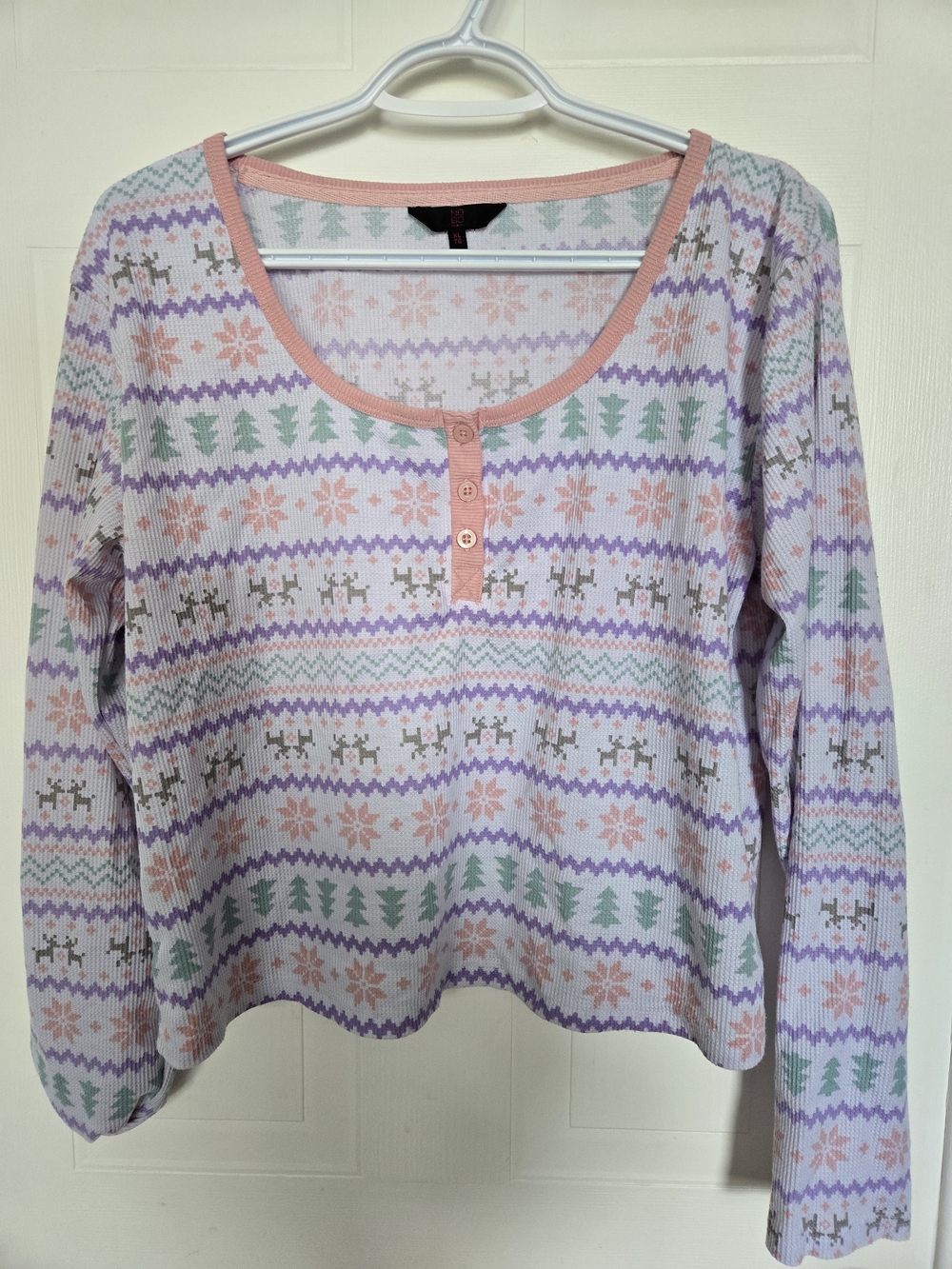 No Boundaries Pastel Snowflake Henley Top & Pants - Pink, Lavender, Mint